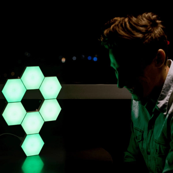 HEXlights arranged on a table stand with multiple colors