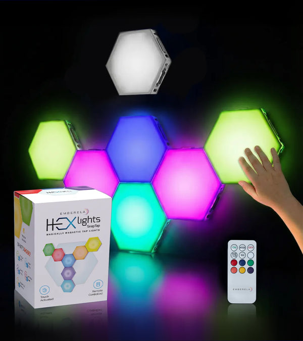 SnapTap LED lights with a remote control and packaging on a dark background