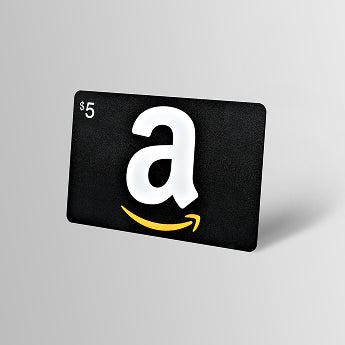 Black Amazon gift card with white logo on a light gray background