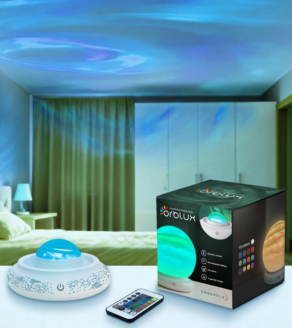 Orblux night light projector with packaging in a bedroom setting