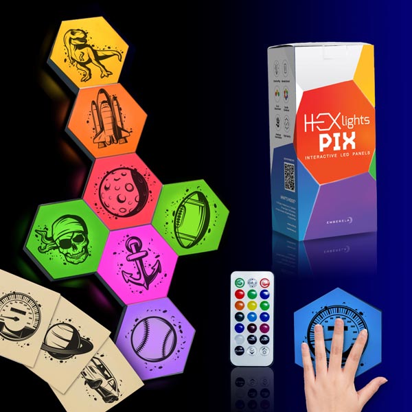 A collection of colorful LED HEXlights Pix tiles in various shapes and a remote control, with a box in the background showing the product branding and design.