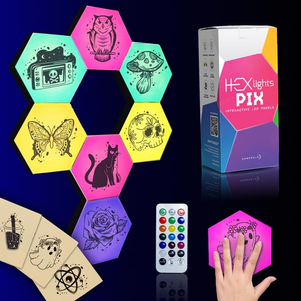 Interactive LED HEXlights Pix for children, featuring colorful hexagon-shaped light tiles with various designs such as a cat, a mouse, and flowers, and a remote control.